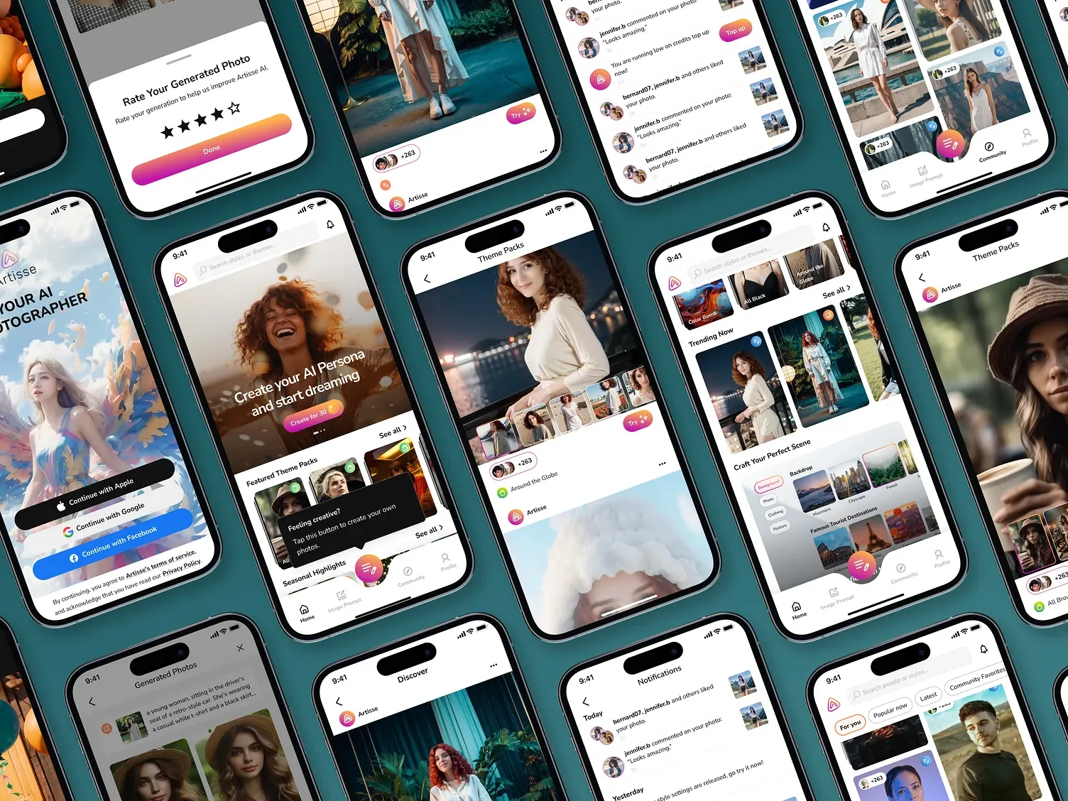 Grid of Artisse screens: sign-in, home, theme packs, photo rating and notifications