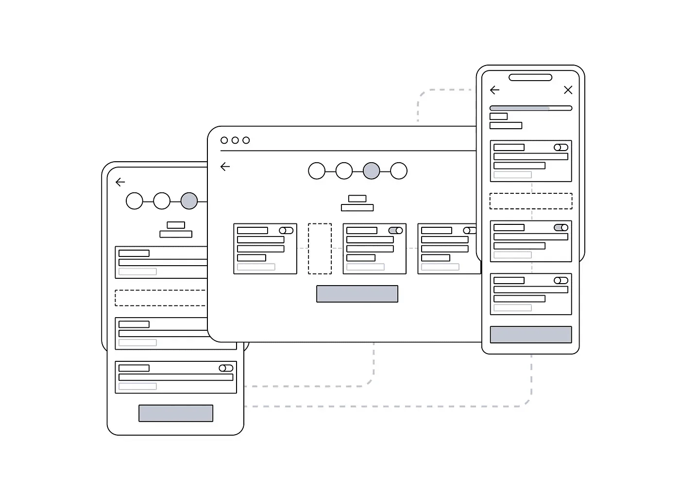Wireframes of connected app screens