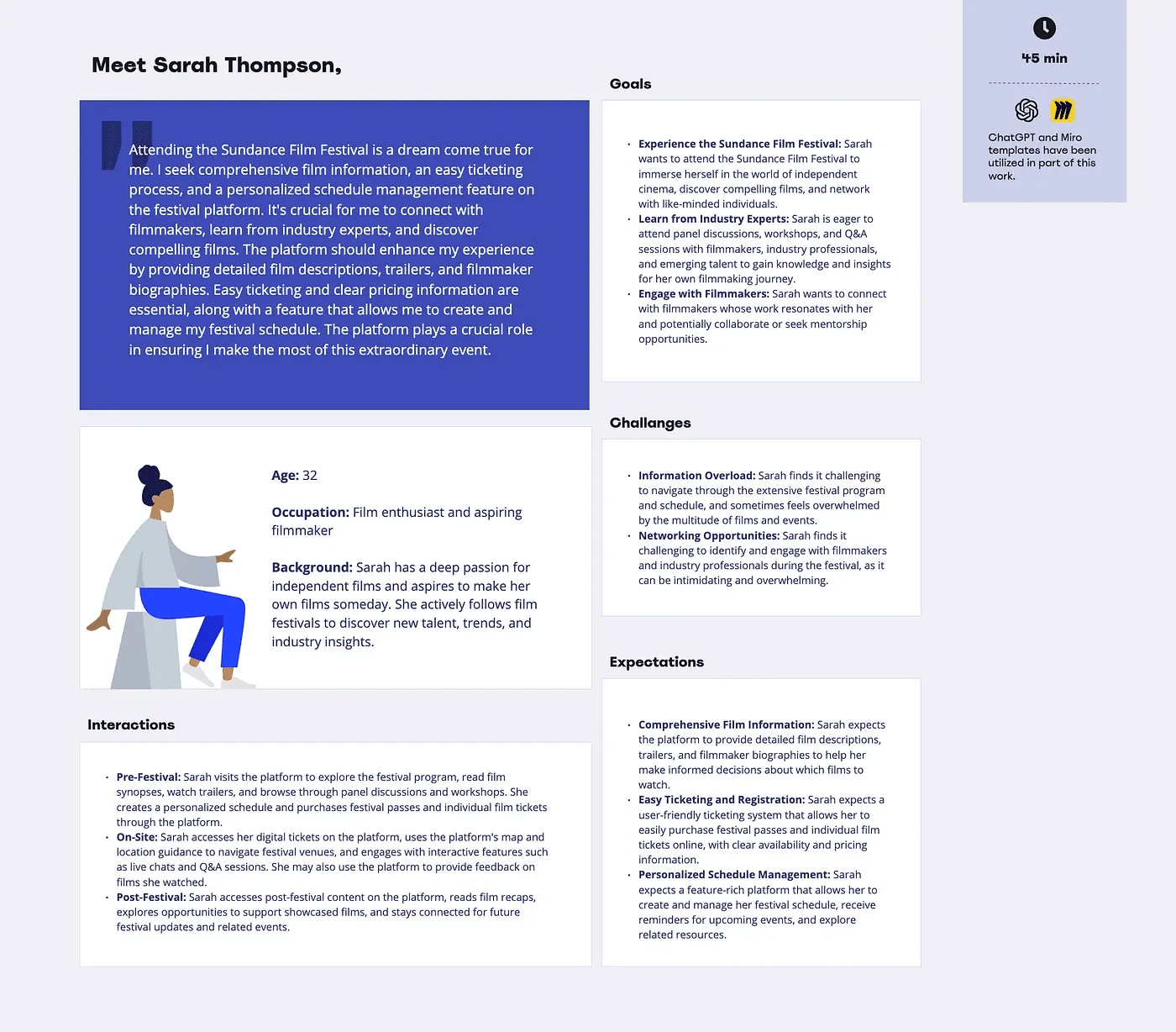 Persona card for Sarah Thompson, a film enthusiast
