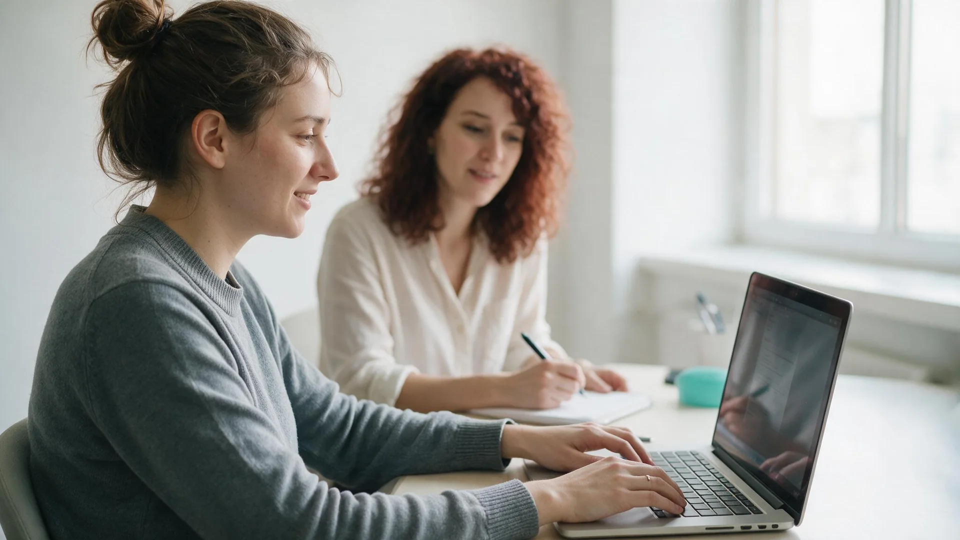 Two designers collaborating at a laptop