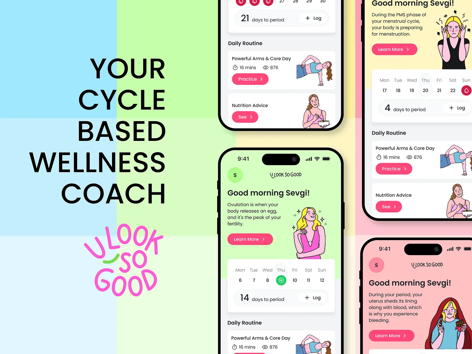 “Your cycle based wellness coach” showcase with home screens themed for each cycle phase