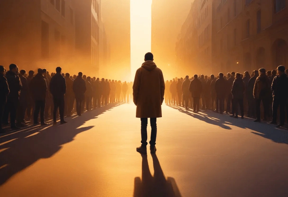 Person walking between two crowds