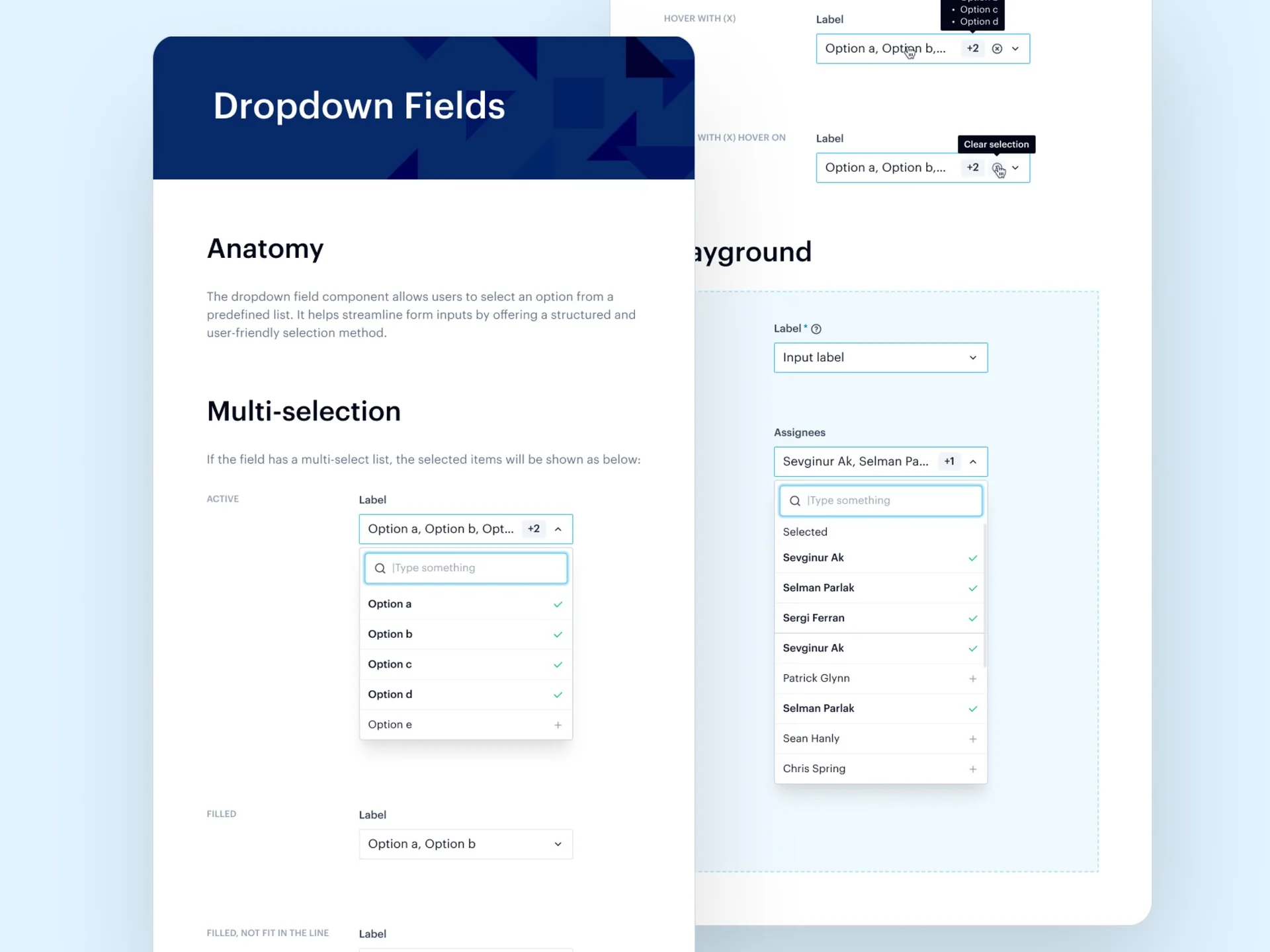 Dropdown Fields documentation with anatomy, multi-selection states and a playground