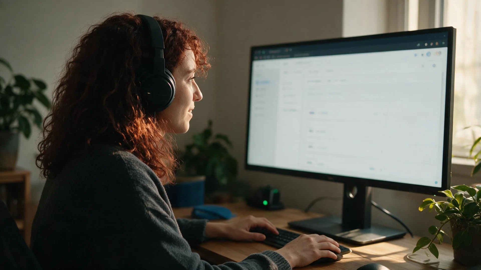 Woman working at a desktop monitor